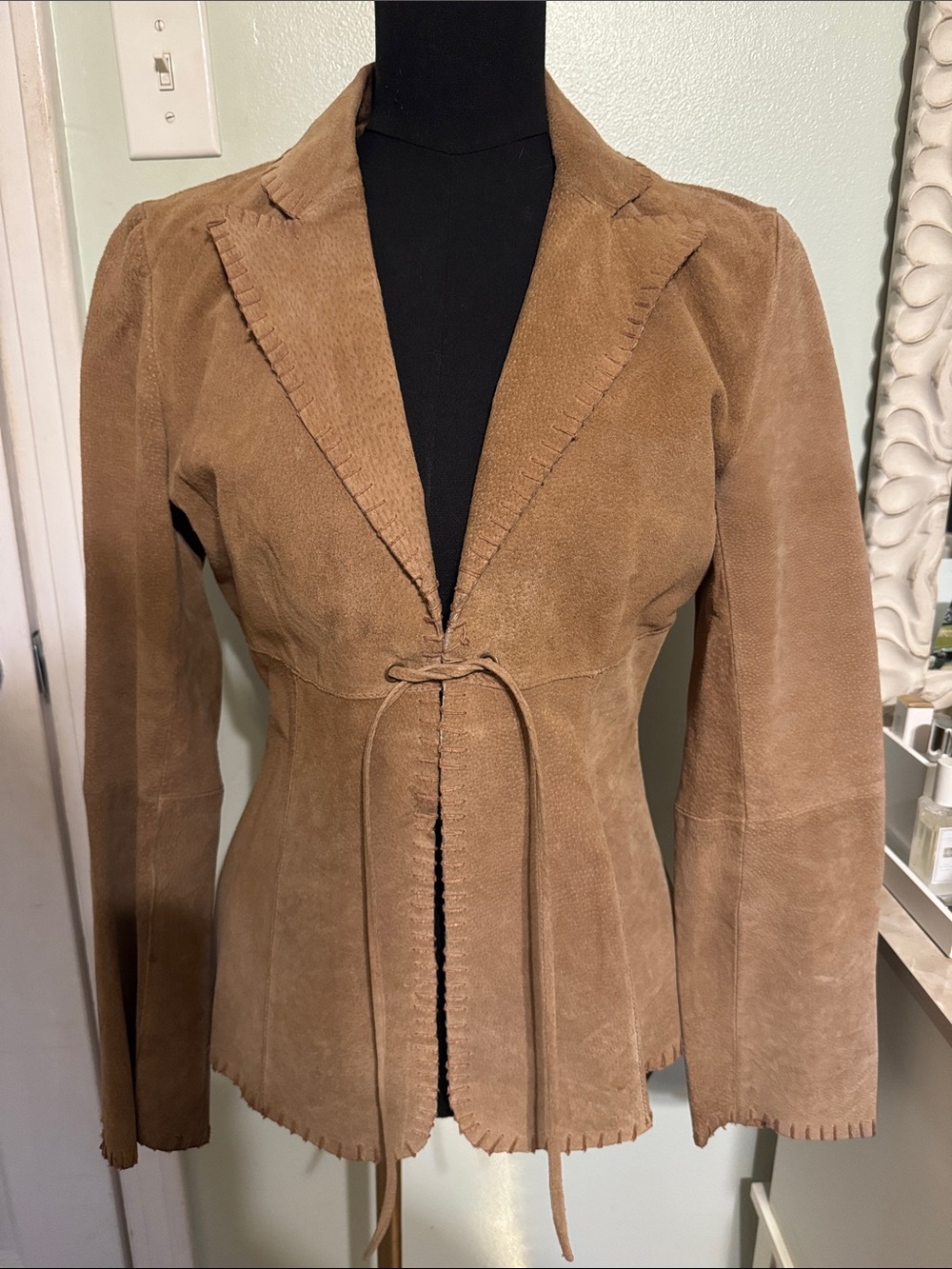 Tracy Evans Camel Leather Tie-Front Blazer